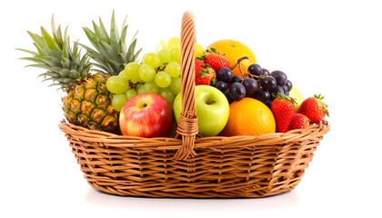 Basket of fresh assorted fruits including apples, oranges, and bananas
