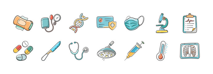 Hand drawn medical tools and healthcare icons collection - Set of colorful hand drawn medical and healthcare icons including stethoscope, syringe, pills, microscope, mask, DNA, and thermometer.