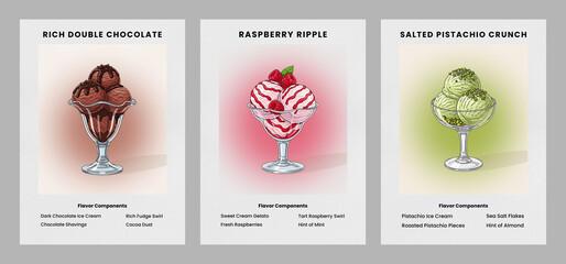 Set of Gourmet Ice Cream Posters for Menus - Chocolate, Raspberry, and Pistachio Flavors