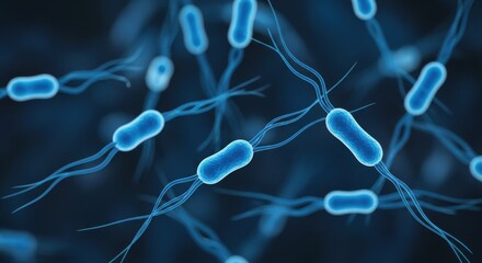 Microscopic View of Rod Shaped Bacteria with Flagella Structures in Blue Tones