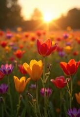 Obraz premium vivid wildflower fields bathed golden hour light nature spectacle blooming flora colorful landscape, meadow, petal, sunset, park, spring, blossom, plant, sunshine