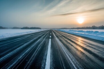 Chilling beauty of a winter morning on an icy road reflecting low sunlight