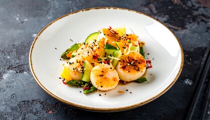 Plate of seared scallops with vegetables