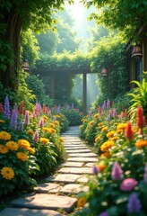 vibrant outdoor garden structured pathways flourishing plants colorful flowers lush foliage scenic serenity, outdoors, landscape, vegetation, nature