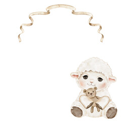 Watercolor lamb sitting under beige ribbon frame with bow. Cute sheep character for baby shower invitations, nursery wall art, birthday cards, posters, and kids stationery.