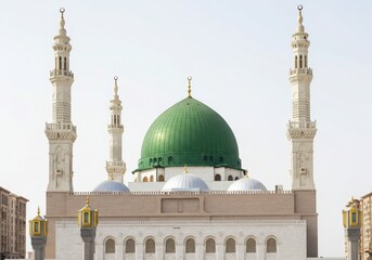 Iconic green dome mosque with tall minarets under a bright sky