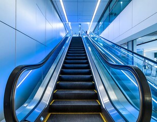 Modern moving stairway with blue lighting