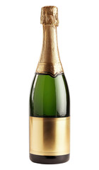 Champagne bottle with green glass, gold foil wrap and cork, isolated on transparent background