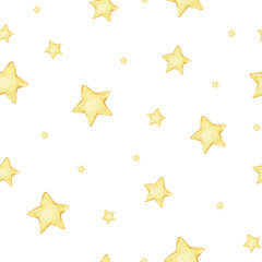 Seamless watercolor pattern with soft golden stars scattered on gentle gray background. Hand painted illustration ideal for nursery fabrics, baby shower cards, invitations, wallpapers.