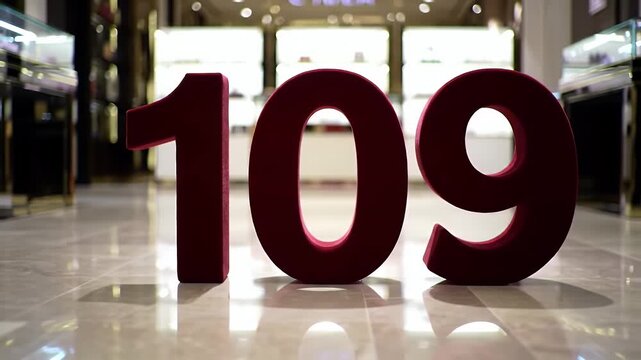 Red Number 109 on a Tiled Shop Floor with Blurred Background and Decorative Lighting