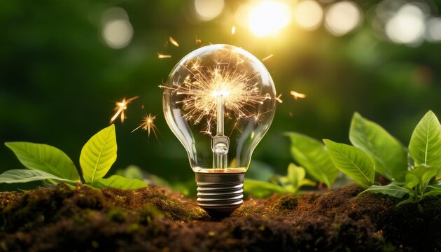 eco friendly light bulb with sparks and greenery