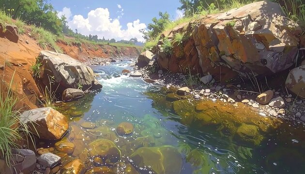 A tranquil mountain stream winds through a rocky gorge