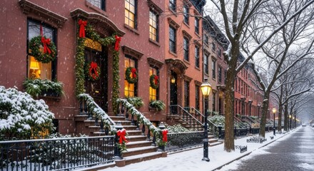 Fototapeta premium Winter Snowfall on a Historic Brownstone Street Decorated for Holidays