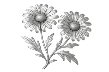 Pencil drawing of two blooming daisies with stem and leaves on transparent background, ideal for nature-themed projects