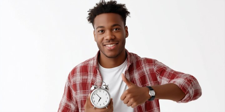 Smiling young african male holding alarm clock giving thumbs up gesture