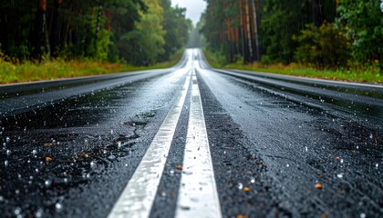 Fototapeta premium Serene Rainy Road Through Lush Green Forest.