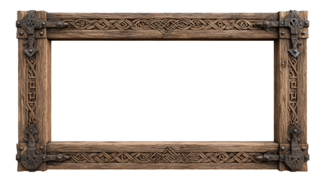 Intricate wooden frame with carved norse runes and celtic knot patterns for decorative display