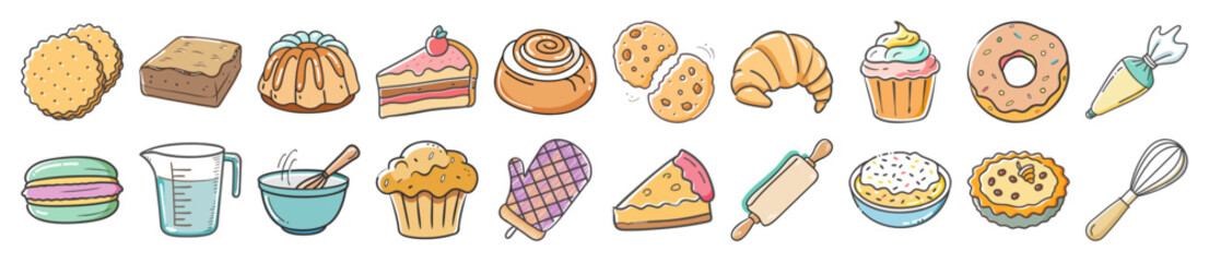 Hand drawn baking and dessert doodle icons - Collection of colorful hand drawn doodle icons showing cakes, cookies, pastries, baking tools, and sweet desserts for culinary themes.