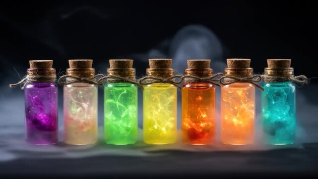 Colorful glowing elixir bottles magic potion alchemic liquid