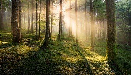 Obraz premium enchanted forest with sunlight and misty atmosphere