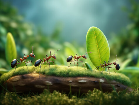 Macro illustration of ants walking on green moss and grass in a tropical forest, symbolizing teamwork, survival, and harmony with nature.