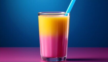 a colorful smoothie drink in a clear glass with a blue straw the drink showcases a gradient of colors from yellow to pink