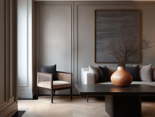 Aesthetic beautiful elegant  modern luxury interior design. Clear mock up empty wall for decoration in the apartment, painting frame. Copy space in the room.