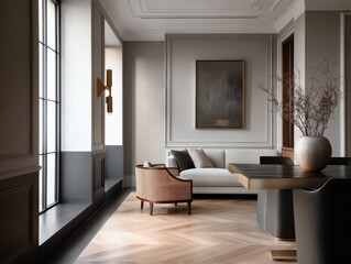 Aesthetic beautiful elegant  modern luxury interior design. Clear mock up empty wall for decoration in the apartment, painting frame. Copy space in the room.