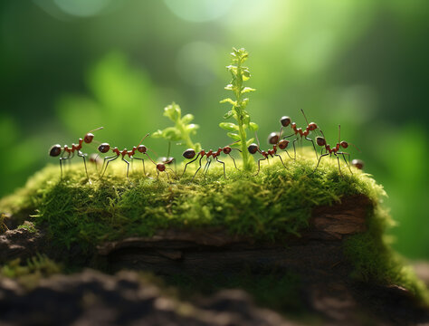 Macro illustration of ants walking on green moss and grass in a tropical forest, symbolizing teamwork, survival, and harmony with nature.