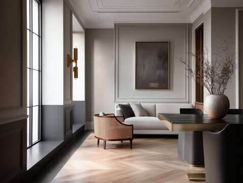 Aesthetic beautiful elegant  modern luxury interior design. Clear mock up empty wall for decoration in the apartment, painting frame. Copy space in the room.