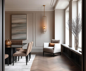 Aesthetic beautiful elegant  modern luxury interior design. Clear mock up empty wall for decoration in the apartment, painting frame. Copy space in the room.
