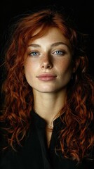 A woman with red hair and blue eyes is smiling. She is wearing a black shirt and necklace