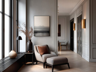 Aesthetic beautiful elegant  modern luxury interior design. Clear mock up empty wall for decoration in the apartment, painting frame. Copy space in the room.