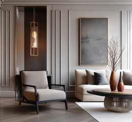 Aesthetic beautiful elegant  modern luxury interior design. Clear mock up empty wall for decoration in the apartment, painting frame. Copy space in the room.