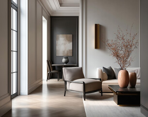 Aesthetic beautiful elegant  modern luxury interior design. Clear mock up empty wall for decoration in the apartment, painting frame. Copy space in the room.
