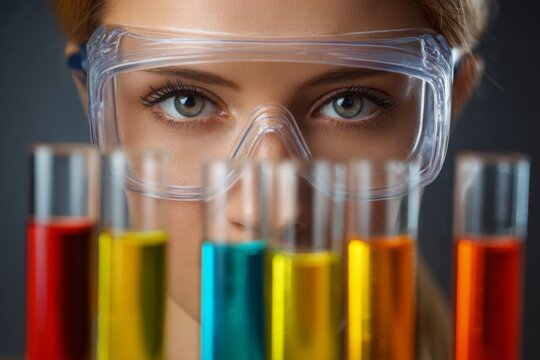 A young researcher focuses on test tubes filled with vibrant liquids in a laboratory. Protective eyewear ensures safety during the scientific exploration of chemical reactions
