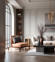 Aesthetic beautiful elegant  modern luxury interior design. Clear mock up empty wall for decoration in the apartment, painting frame. Copy space in the room.