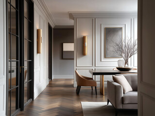 Aesthetic beautiful elegant  modern luxury interior design. Clear mock up empty wall for decoration in the apartment, painting frame. Copy space in the room.