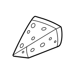A simple black and white line drawing of a wedge of cheese with holes on a white background design element on transparent background