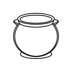 Illustration of a simple round pot with a slightly curved base and small handles on either side drawn in line art on transparent background