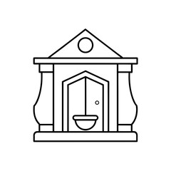 A simple line drawing of a mausoleum with a door and a circular design at the top of the roof peak on transparent background