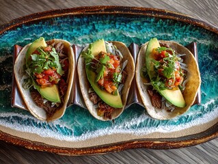 indulge in a flavorful trio: tacos with beef, salsa, avocado, and cilantro - perfect wall art for tropical-themed spaces or sports decor!