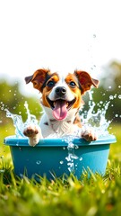Playful dog splashing in a basin