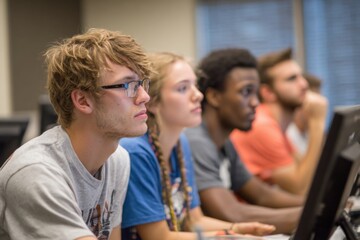 A group of students focused on their computer screens during a coding class at a university. The setting highlights concentration and collaboration among peers learning new skills