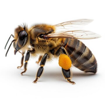 Honeybee carrying pollen on its leg against a white background