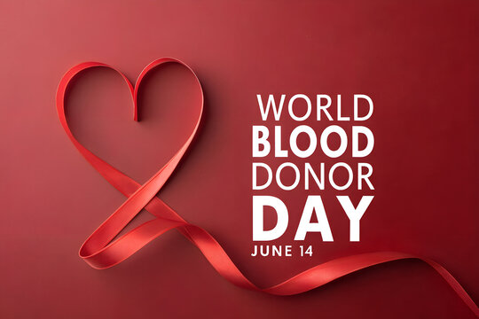 Celebrate World Blood Donor Day with a heart-shaped red ribbon and powerful typography—honoring generosity, care, and the life-saving impact of blood donation. generative ai