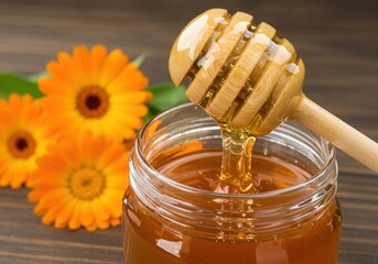 Golden honey dripping from wooden dipper beside orange marigold flowers