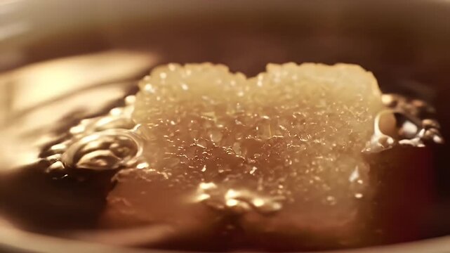 Sugar Cube Dissolving In A Dark Liquid Beverage With Bubbles On A Spoon In Close Up
