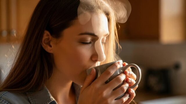 Peaceful woman enjoying morning coffee ritual in warm kitchen with golden sunlight streaming through window creating tranquil domestic moment