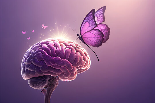 A glowing brain with butterflies in a soft purple haze—symbolizing transformation, emotional healing, and the creative connection between mind and nature. generative ai - Powered by Adobe